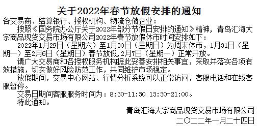 青岛汇海农产品关于2022年春节放假休市的公告